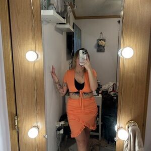 Orange Knee-Length Pencil Skirt with Tie Front